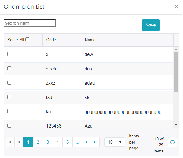 When user click on Champion, it will lead to one list Select All ...